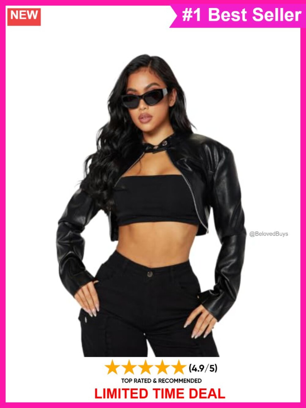Women Cropped Faux Leather Jacket Open Front Bolero Moto Biker